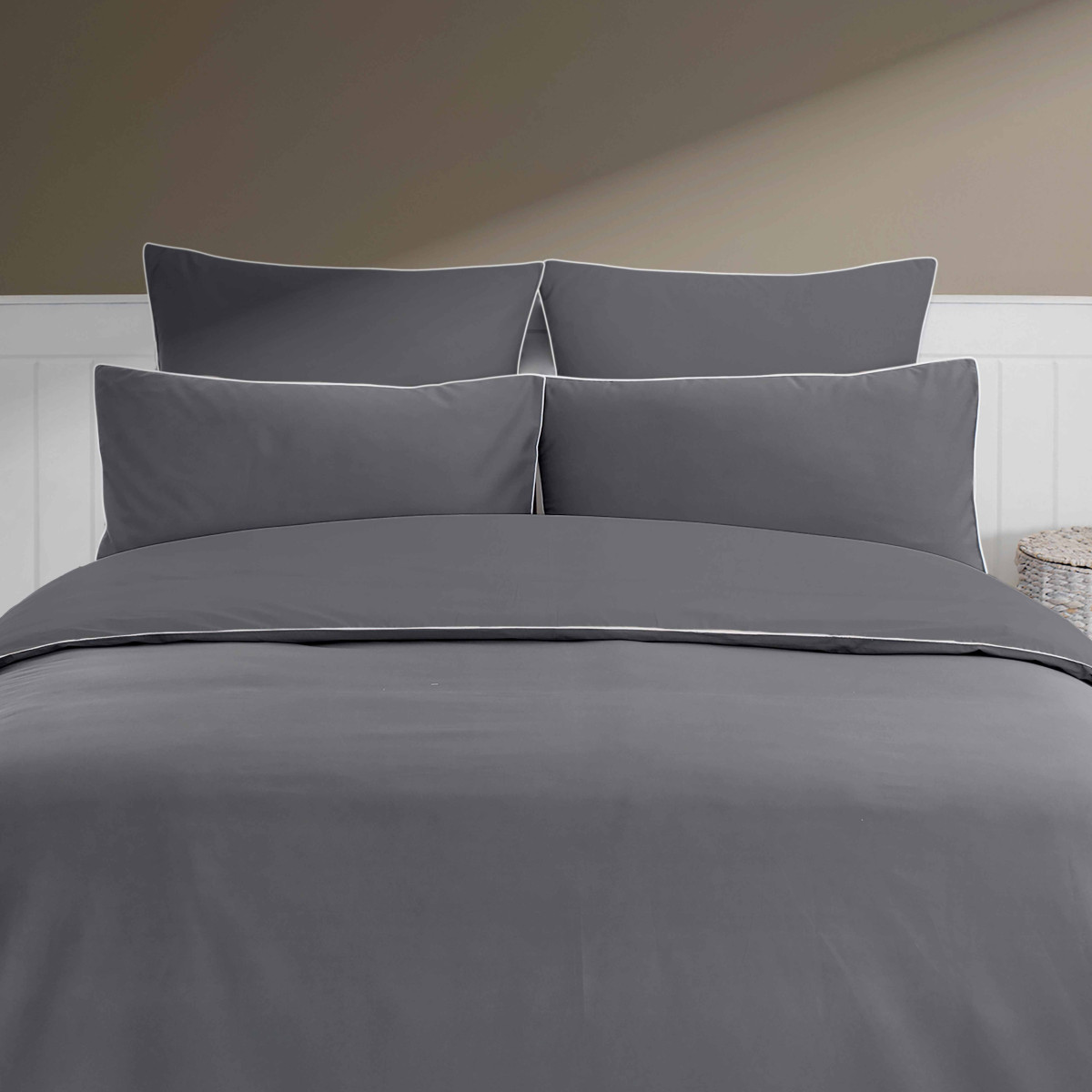 Parure housse de couette percale de coton avec 2 taies 65x65 cm ROSE WOOD anthracite/blanc, SENSEI MAISON