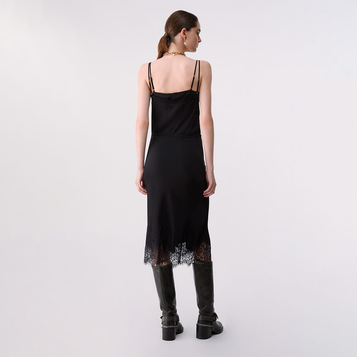 Robe midi en satin et dentelle noir, LIU JO