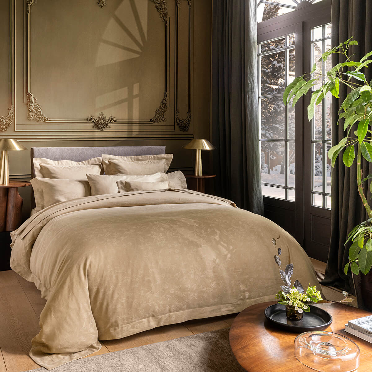 Housse de couette en Coton/Lin, ARABESQUE sepia, LE JACQUARD FRANCAIS