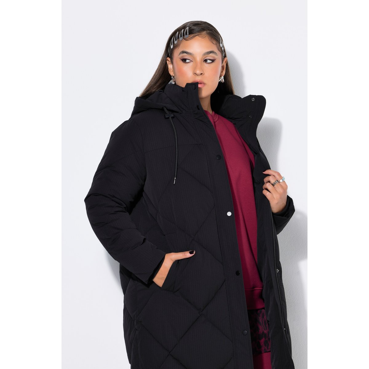 Manteau matelassé long, coupe en O, capuche noir, STUDIO UNTOLD