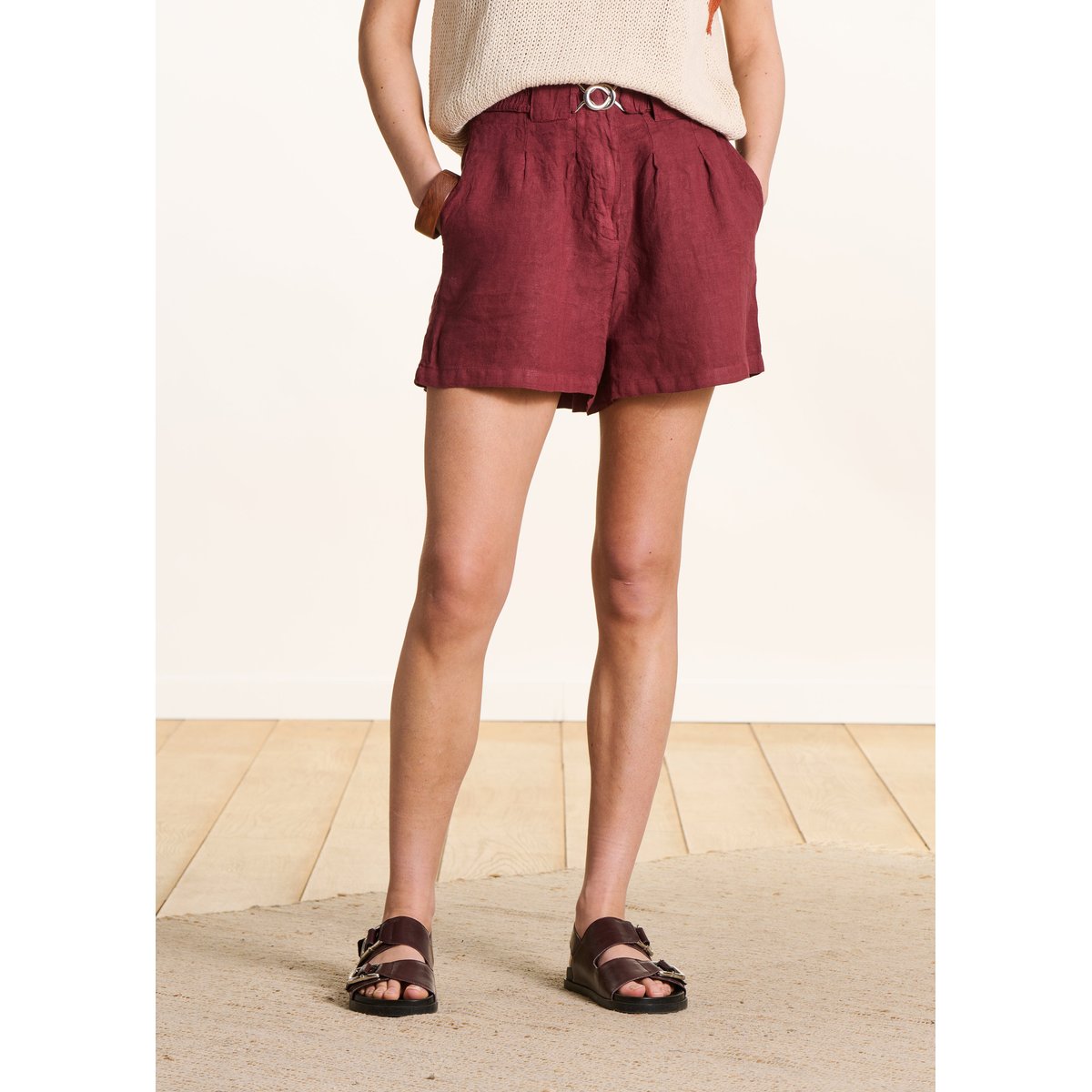 Short large en lin ceinturé mahogany, LA FEE MARABOUTEE