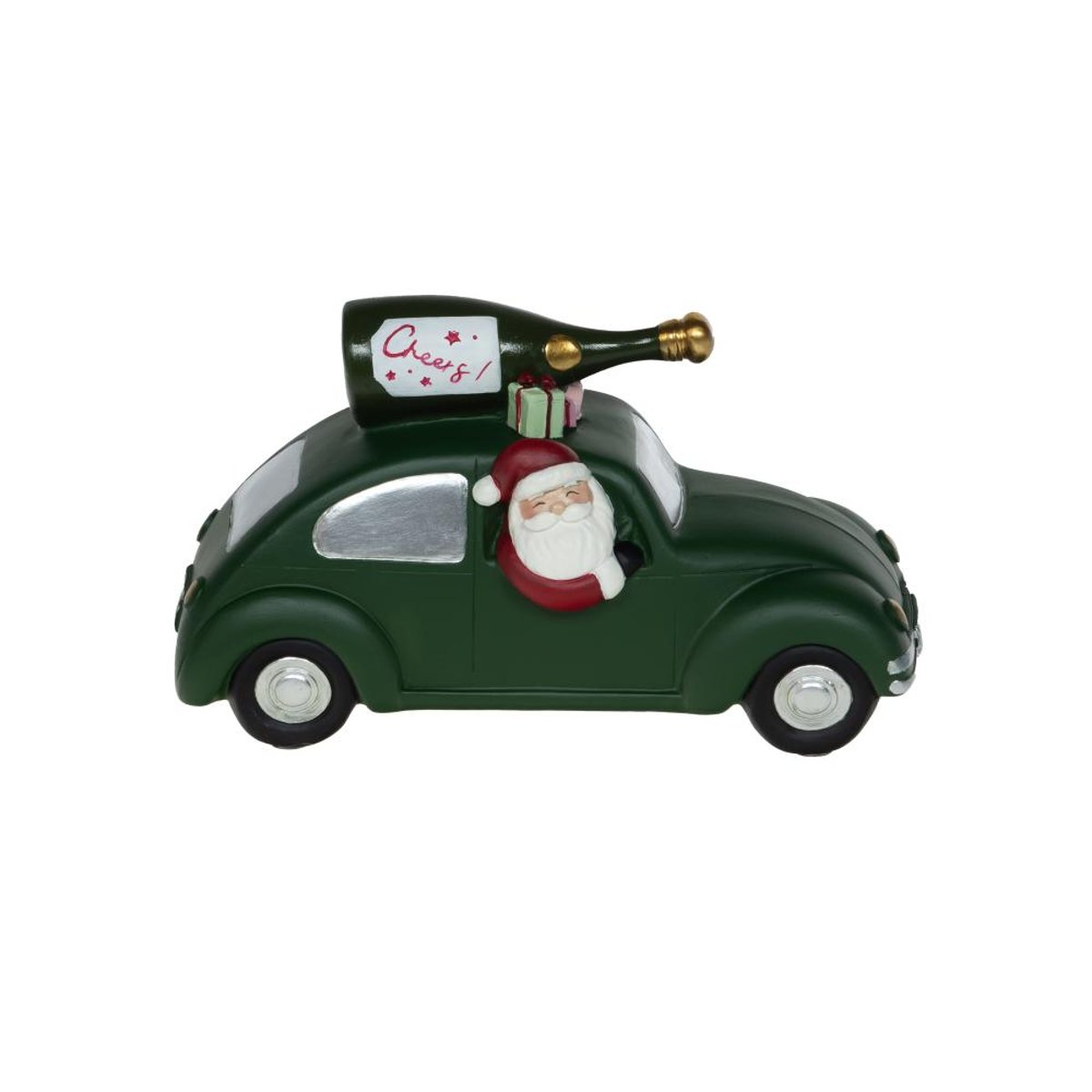 Père Noël en voiture champagne 12 cm en résine e vert, AMADEUS