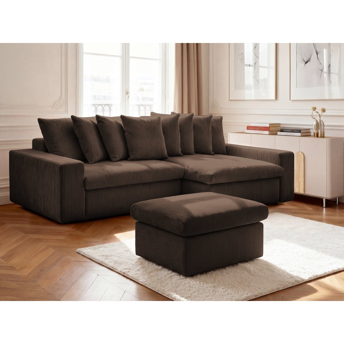 Canapé d'angle fixe 3 places en velours côtelé avec pouf, ENORE marron, BOBOCHIC