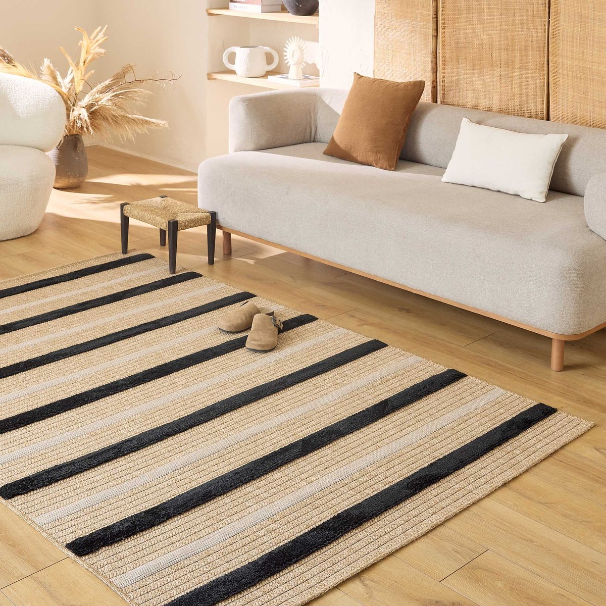 Tapis interieur jute à rayures PALMA beige et noir, NAZAR RUGS