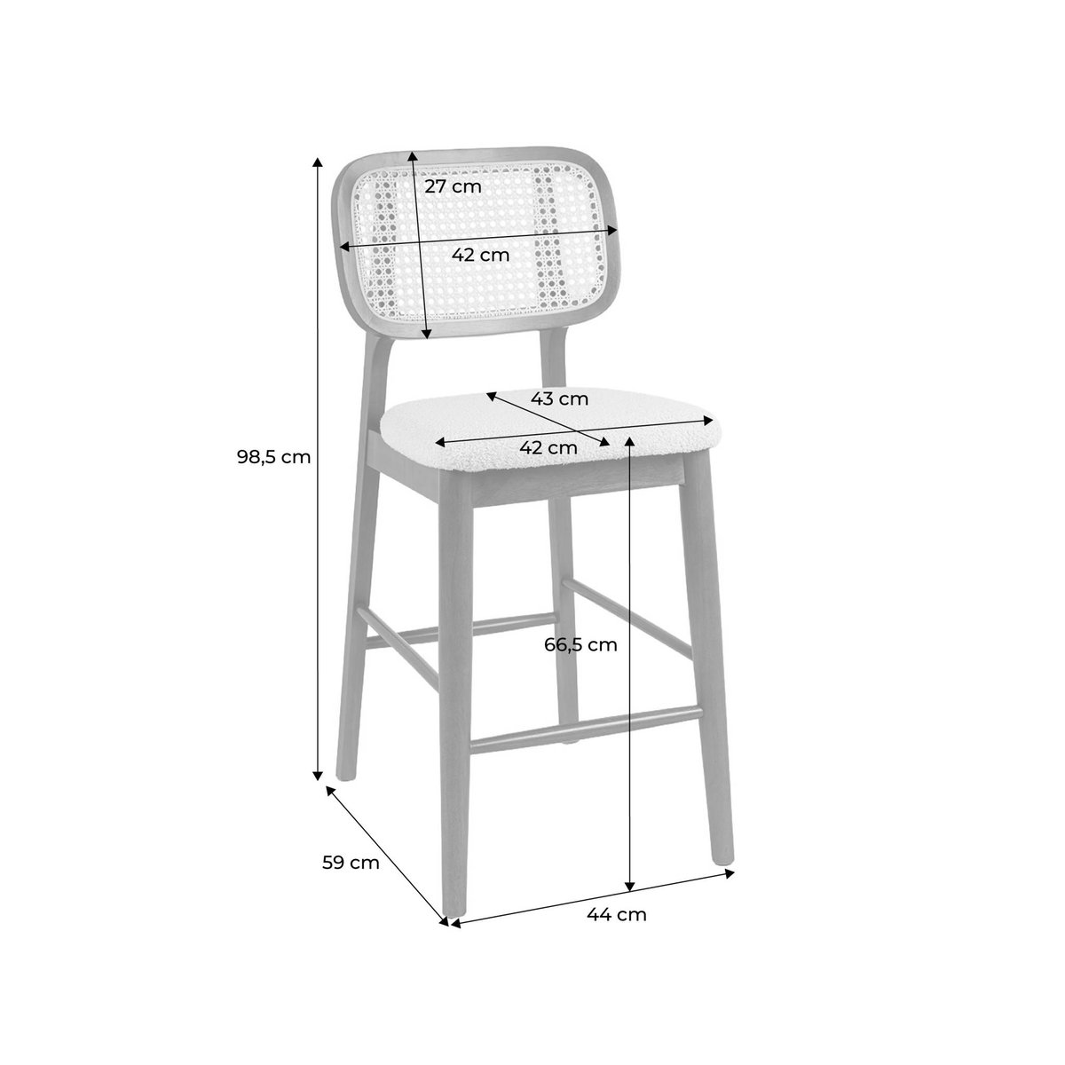 Tabouret de bar bois d'hévéa cannage et tissu 66,5cm (lot de 2) MANI naturel, SWEEEK