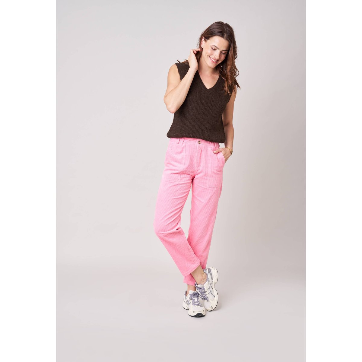 Pantalon carotte femme en 100% coton velours côtelé WENDELI rose, DEELUXE