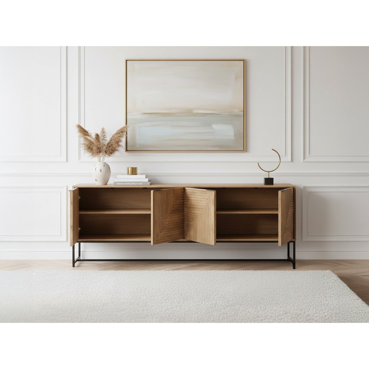 Buffet bas en bois massif 4 portes 210 cm, NAOMIE marron foncé, BOBOCHIC
