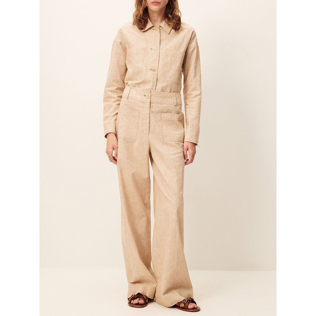 Pantaloni larghi e svasati a righe sottili, MANHATTI beige, SESSUN