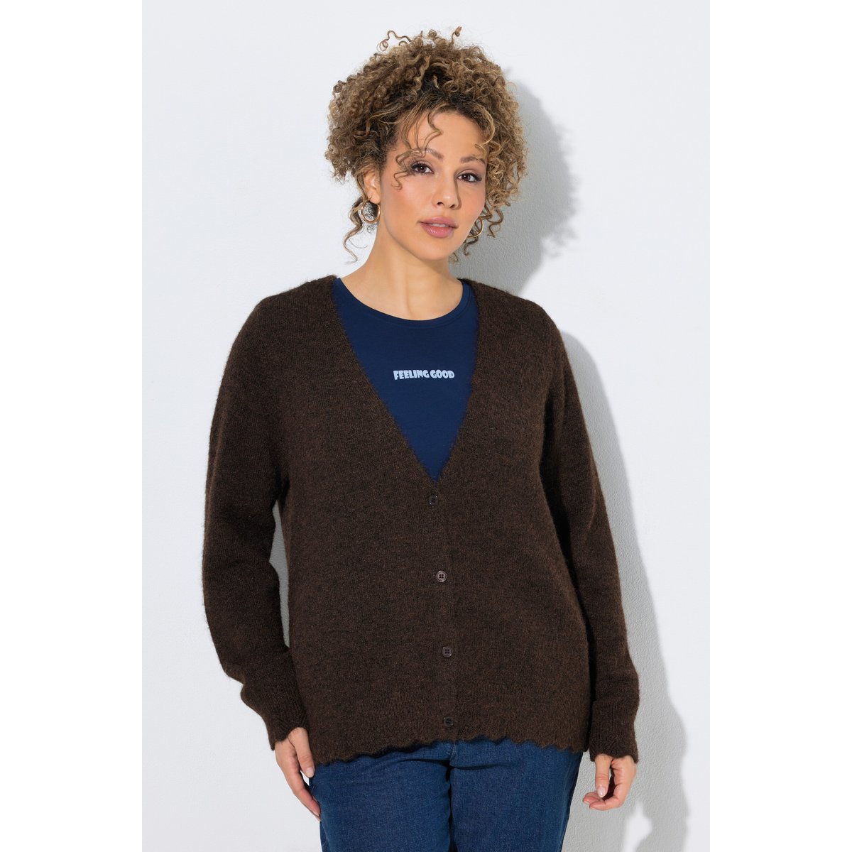 Cardigan manches longues et encolure en V acajou, ULLA POPKEN