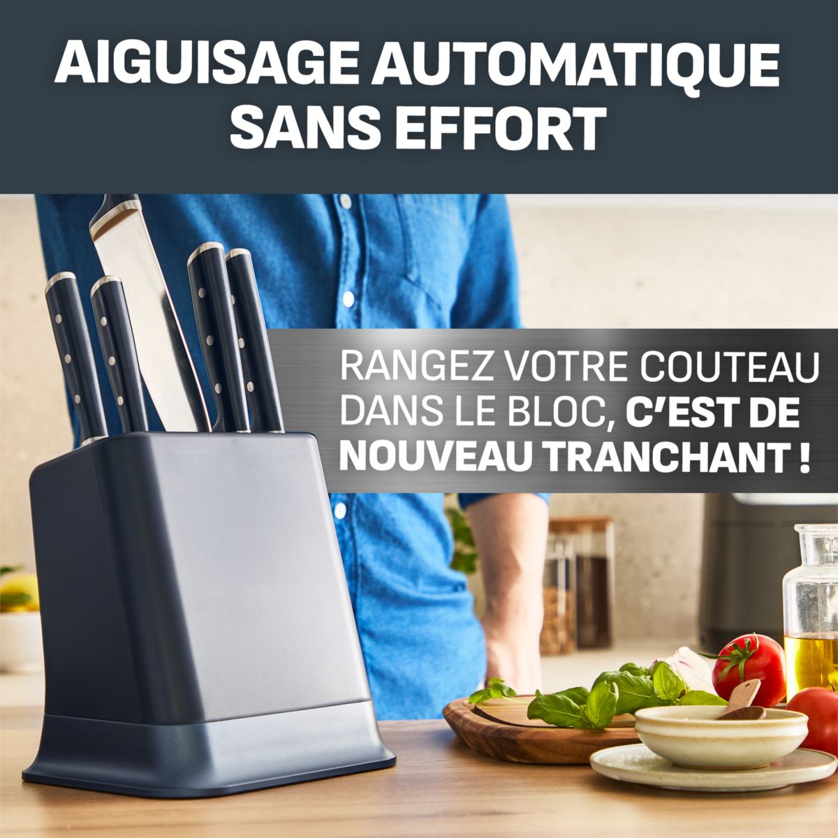 Set de couteaux EverSharp Pro 5 pcs aiguiseur integré couleur unique, TEFAL