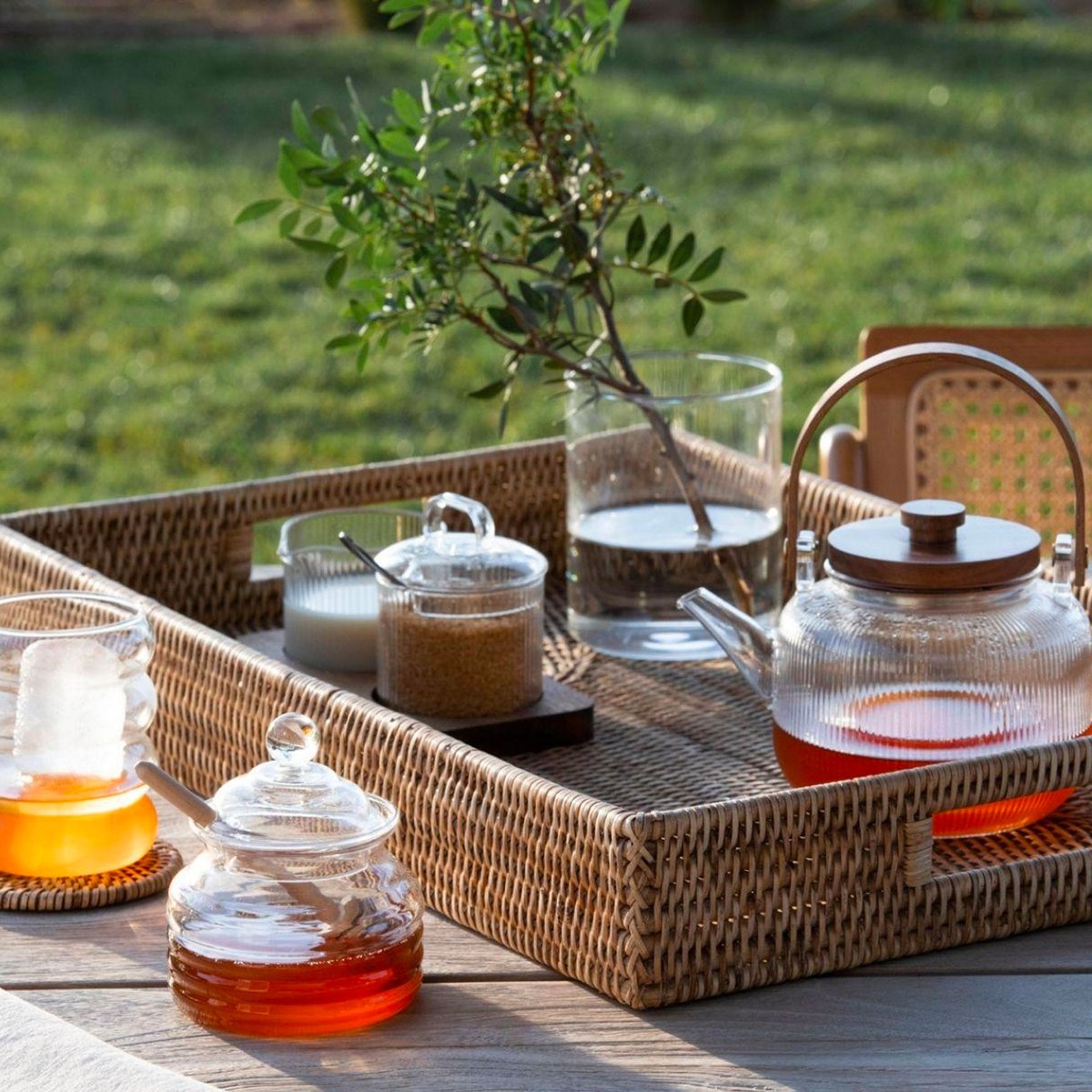 Théière en verre strié et bois d'acacia 1L transparent, WADIGA