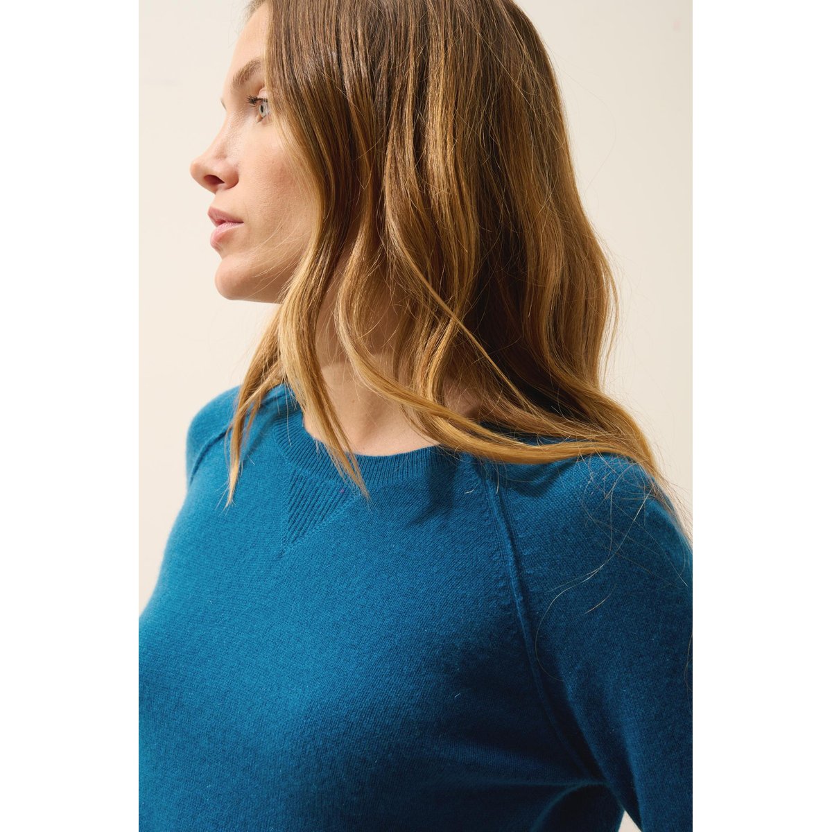 Pull Col Rond Paon Helen bleu vert, JUST CASHMERE