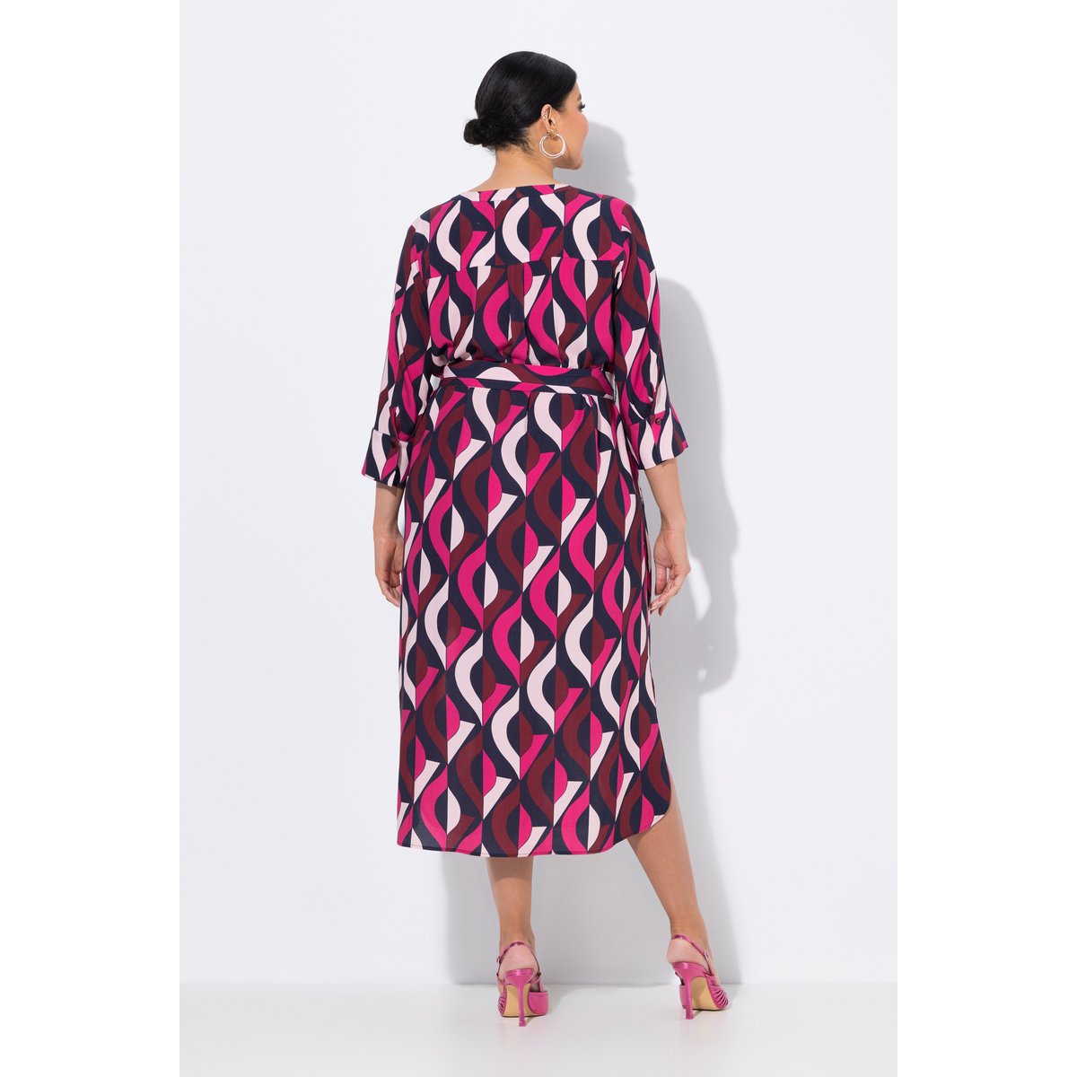 Robe maxi, col tunisien et manches 3/4 rose vif, ULLA POPKEN