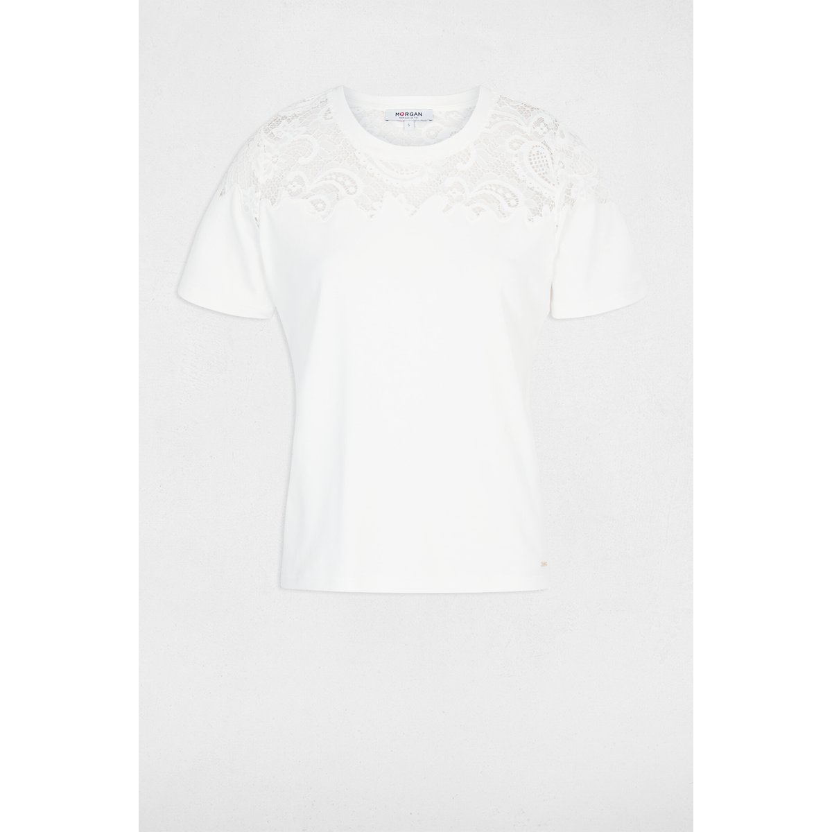 T-shirt dentelle manches courtes blanc, MORGAN