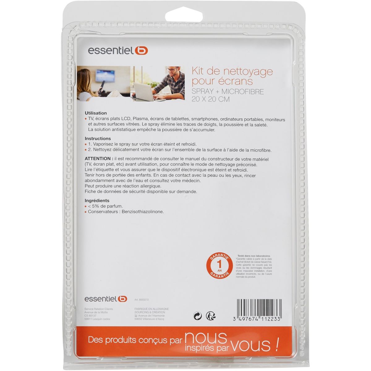 Kit de nettoyage spray 125ml+micro fibre 20x20cm couleur unique, ESSENTIEL B