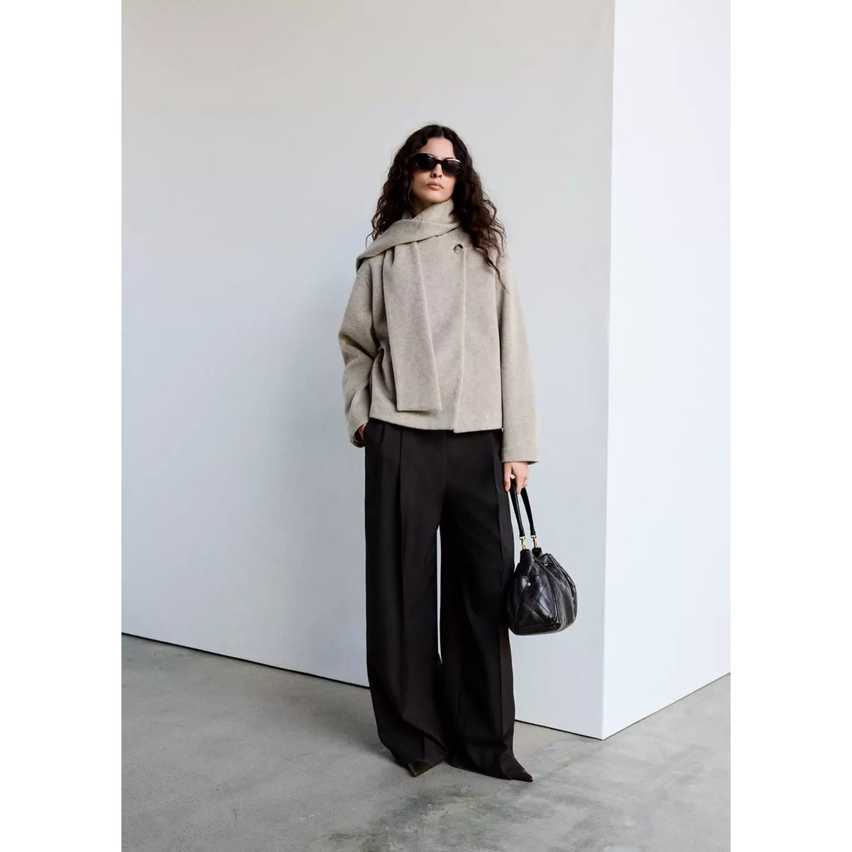Veste en drap à col écharpe marron moyen, MANGO