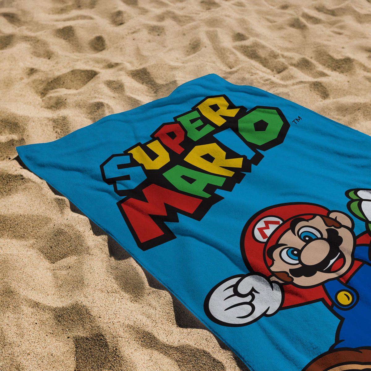 Serviette de bain et de plage imprimée 100% coton, YOSHI bleu, SUPER MARIO