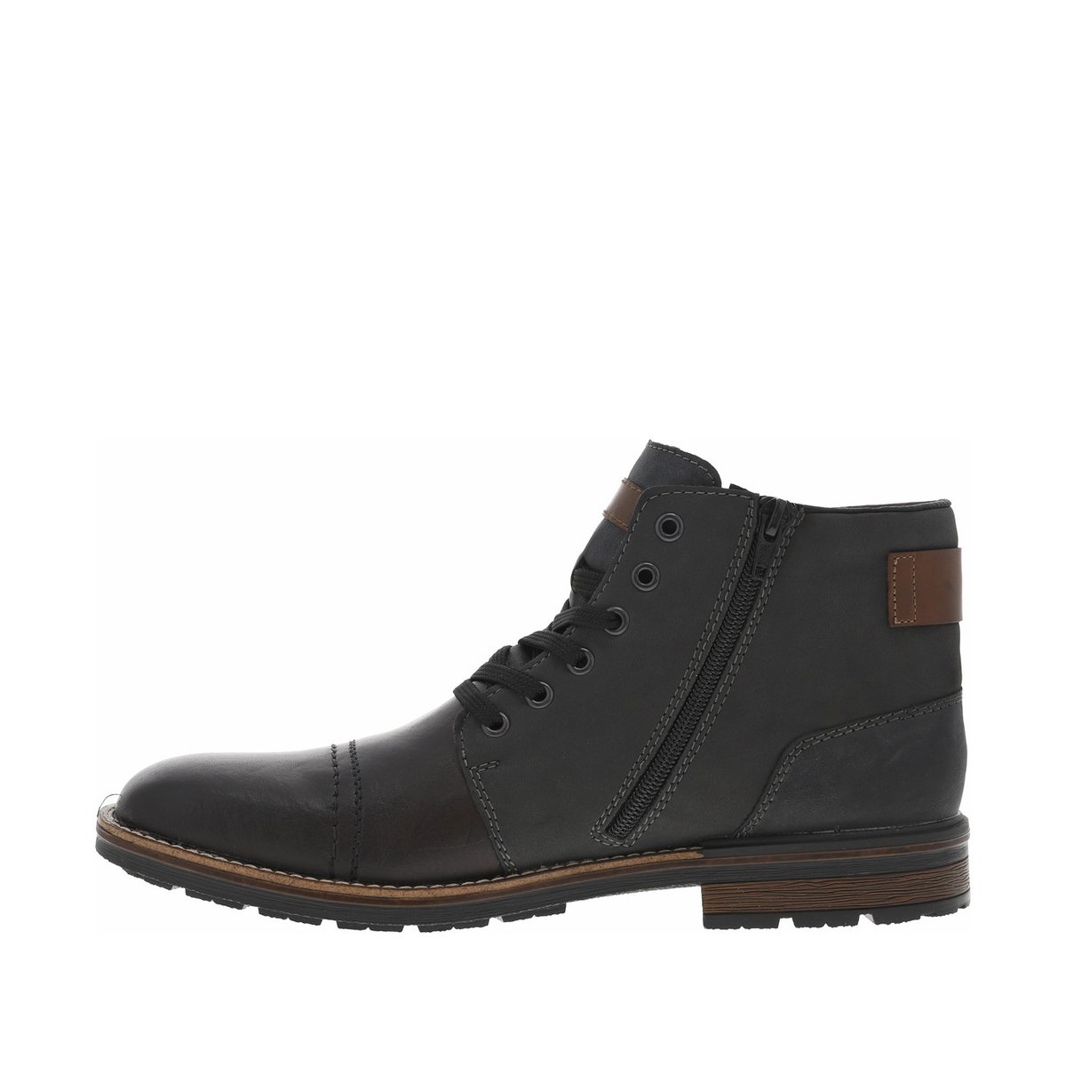 Bottines en cuir grises à talon décroché bas avec des lacets et 2 zips latéraux grises, RIEKER