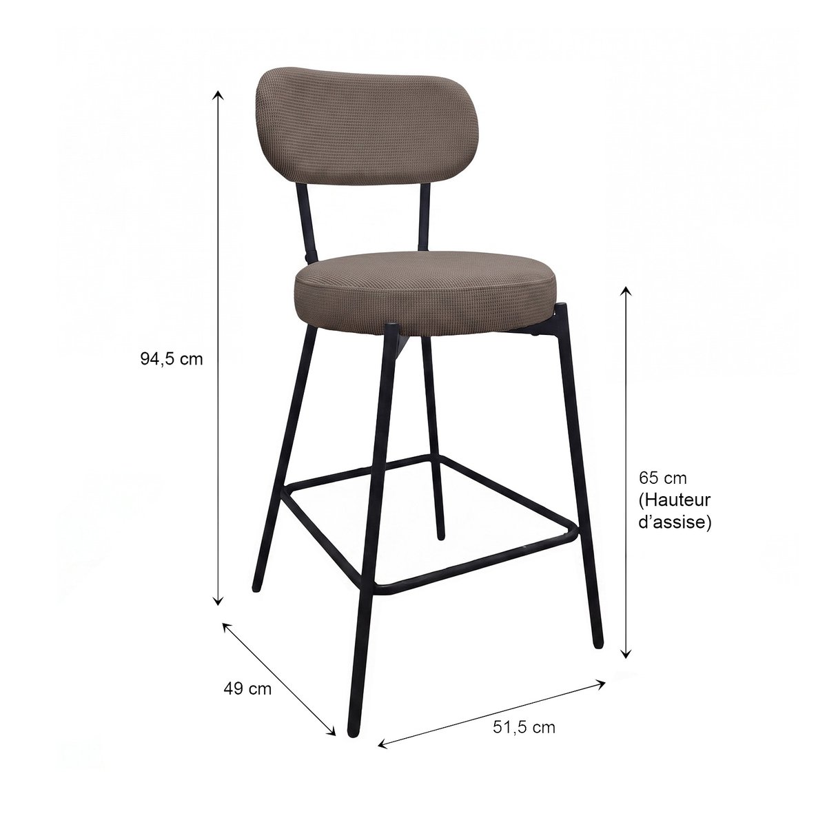 Chaises CELESTE îlot bar métal tissu velours côtelé H65cm blanc et noir, MOB IN