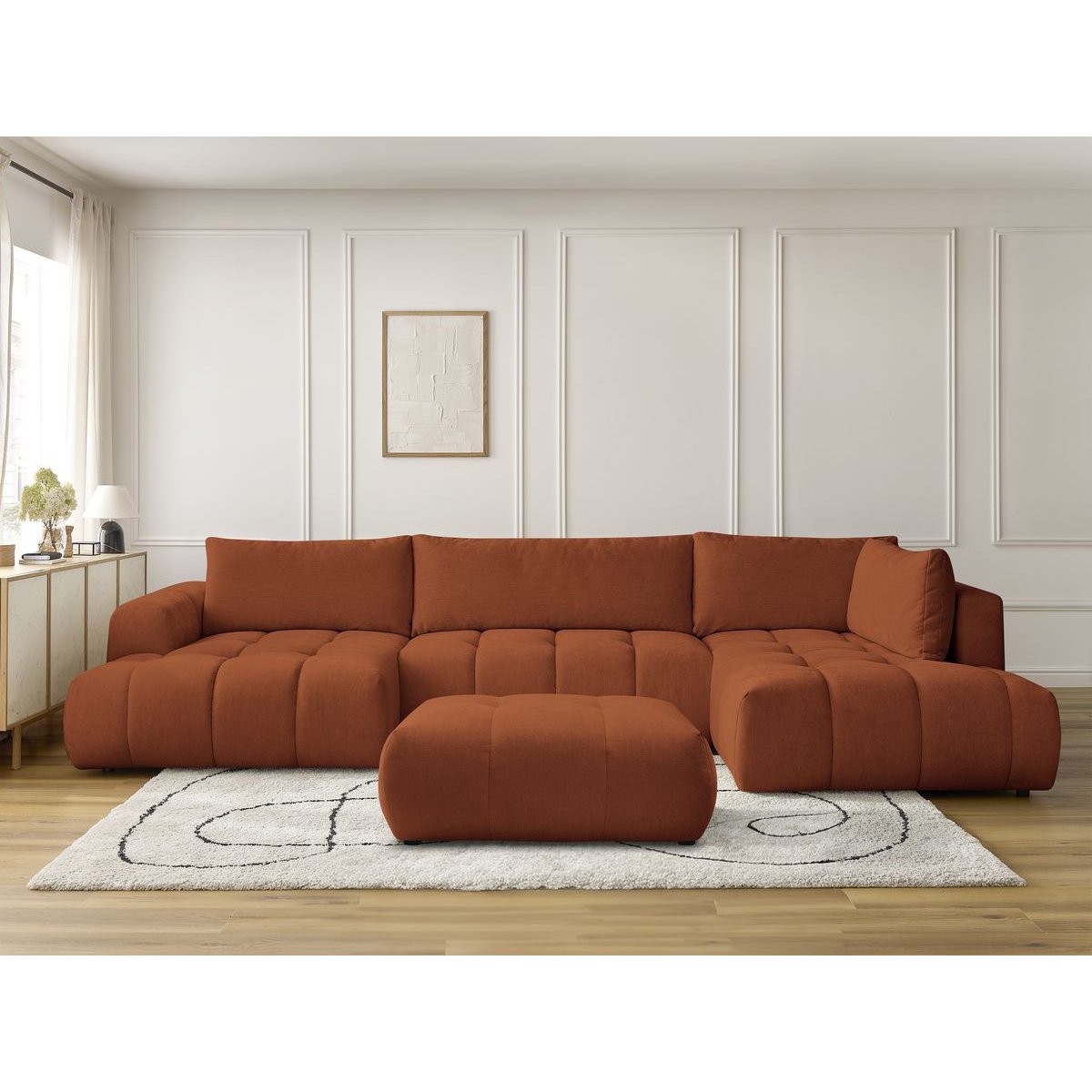 Canapé panoramique convertible 5 places en tissu lisse avec pouf, FUJI orange, BOBOCHIC