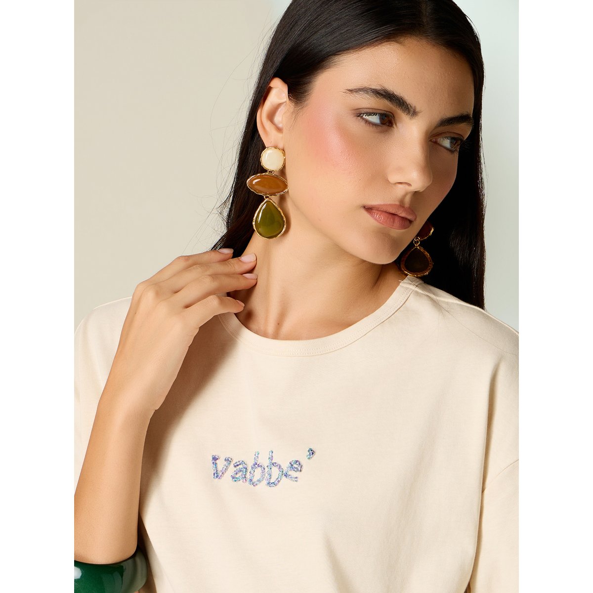 T-shirt avec broderie lettrage beige, OLTRE