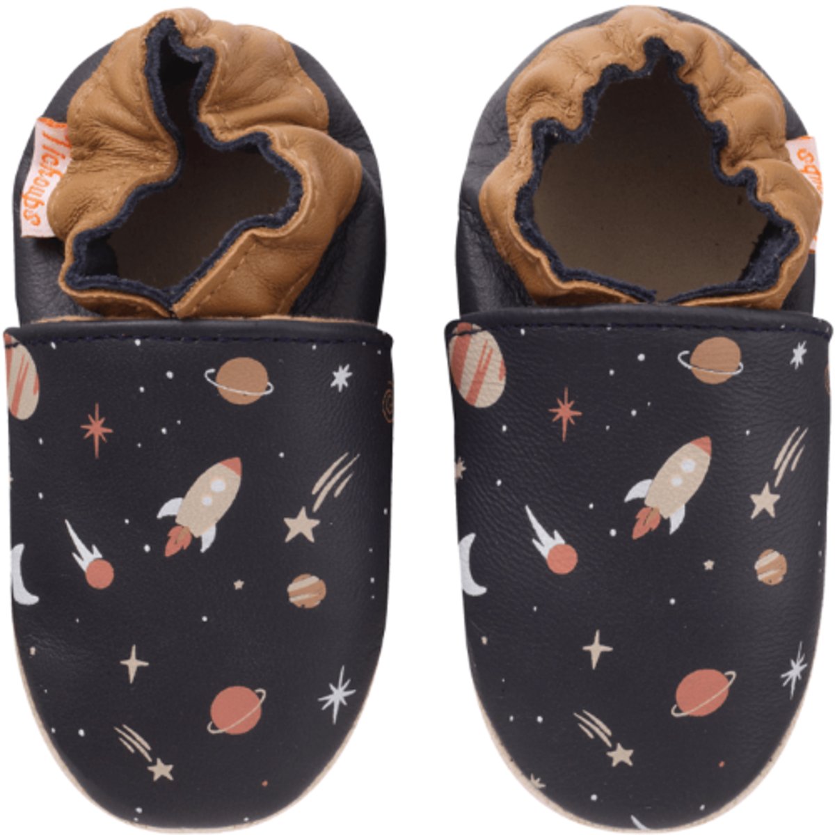 Chaussons bébé cuir souple Maxence dans l'espace bleu marine, TICHOUPS
