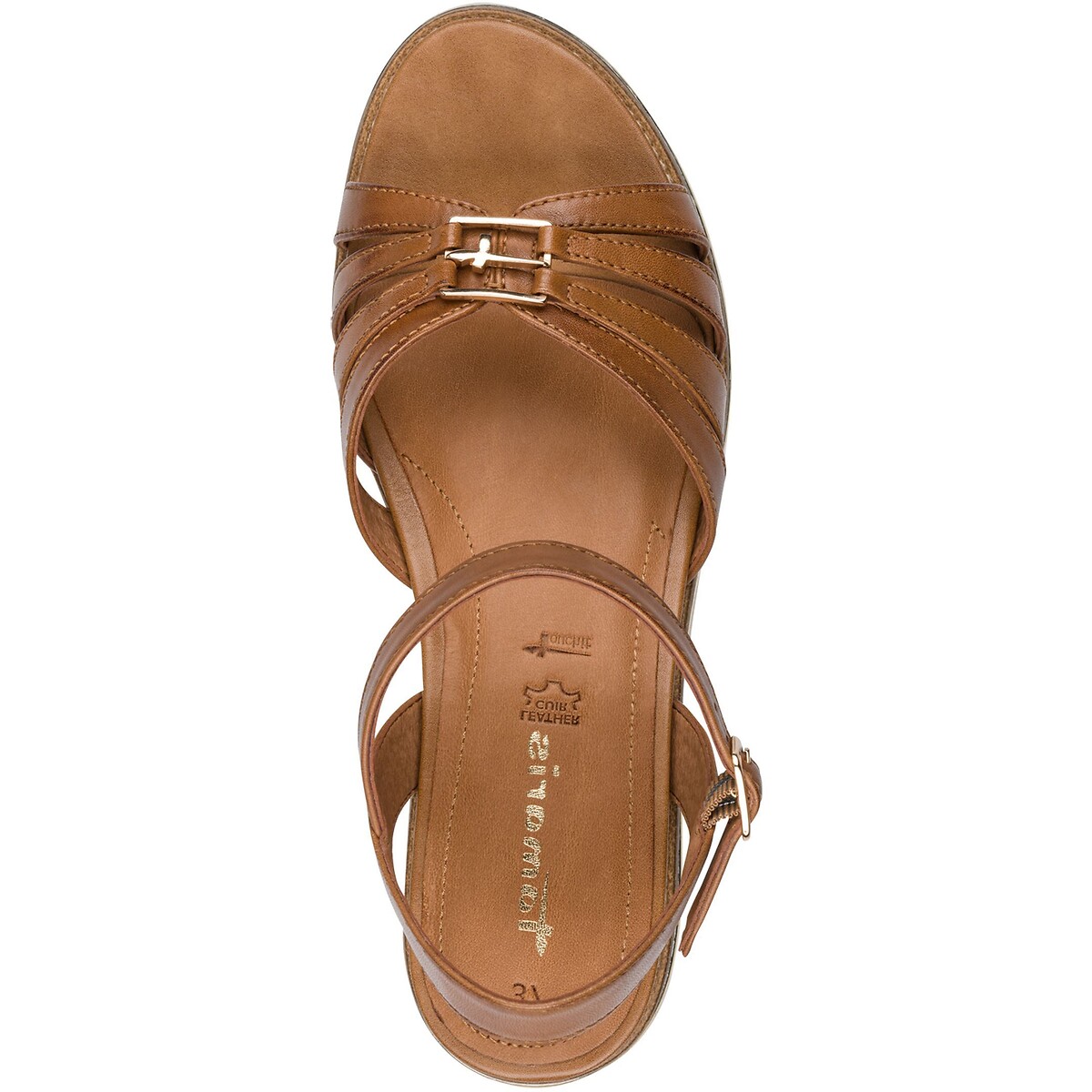 Sandalen met sleehak, in leer. cognac , TAMARIS