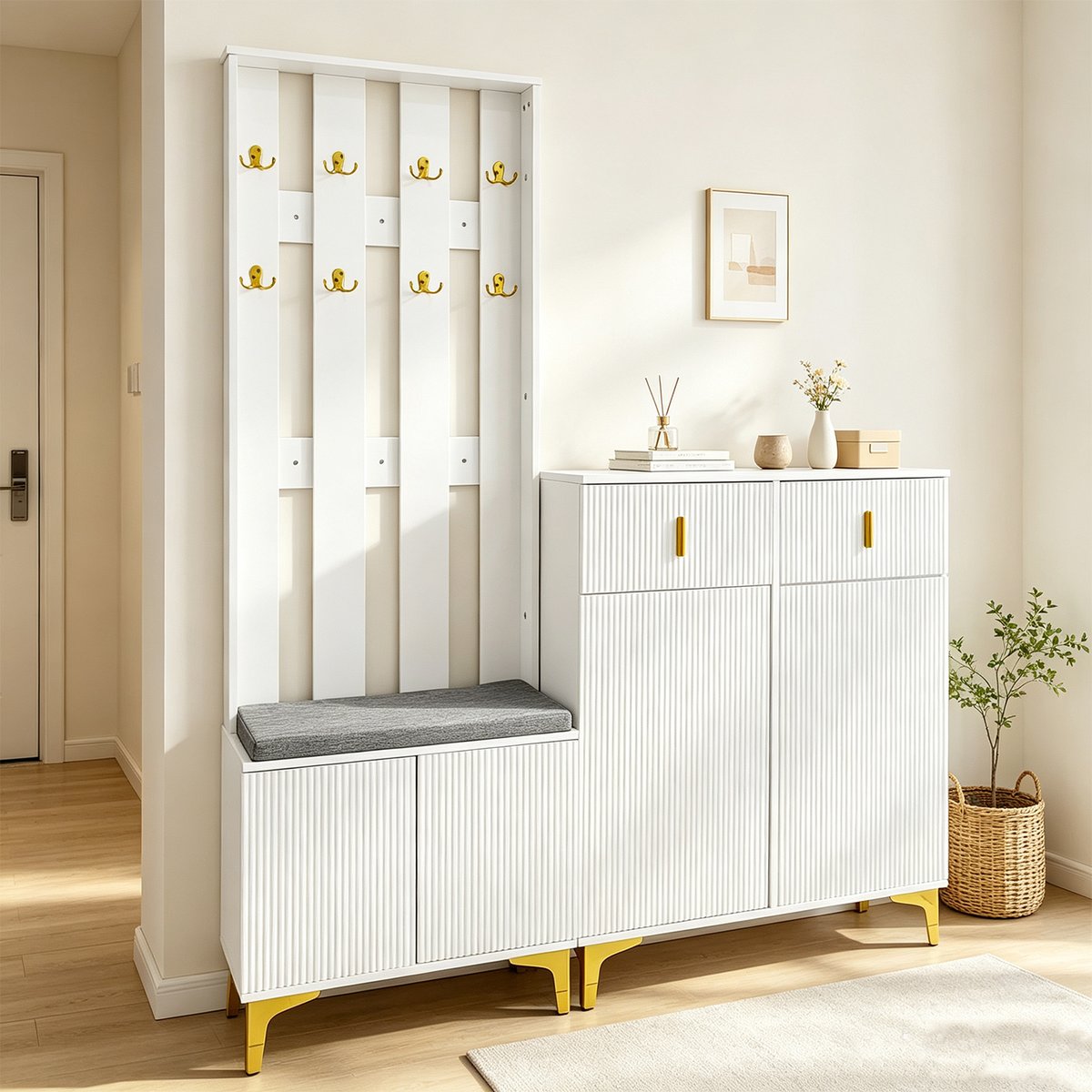 Vestiaire d'entrée avec banc et rangement, PORTER-L blanc, MEUBLES COSY