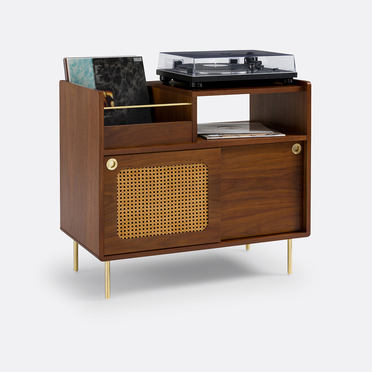 Meuble vinyles en plaqué noyer et cannage, Redpop noyer, LA REDOUTE INTERIEURS