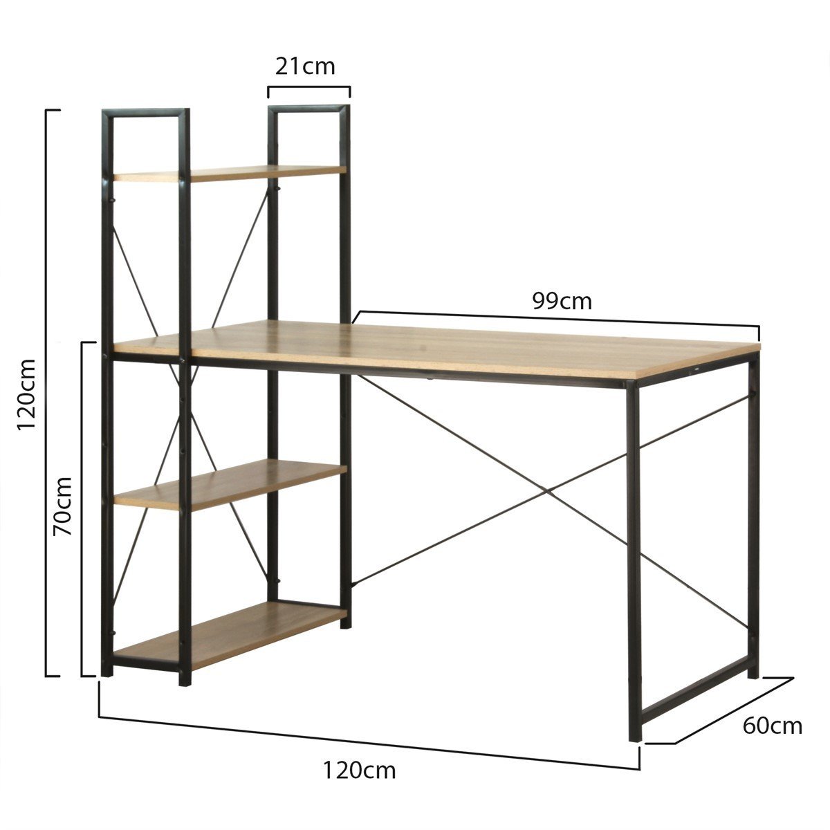 Bureau L120cm avec 4 étagères style industriel bois clair, CALICOSY