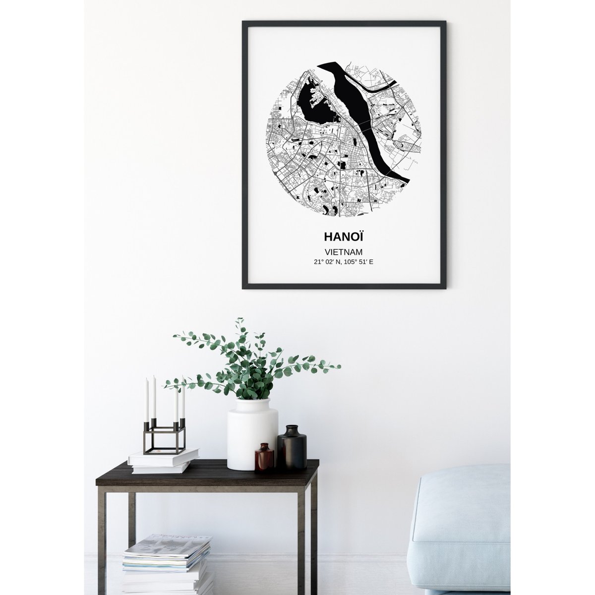 Affiche Carte Hanoï blanc, L'AFFICHERIE