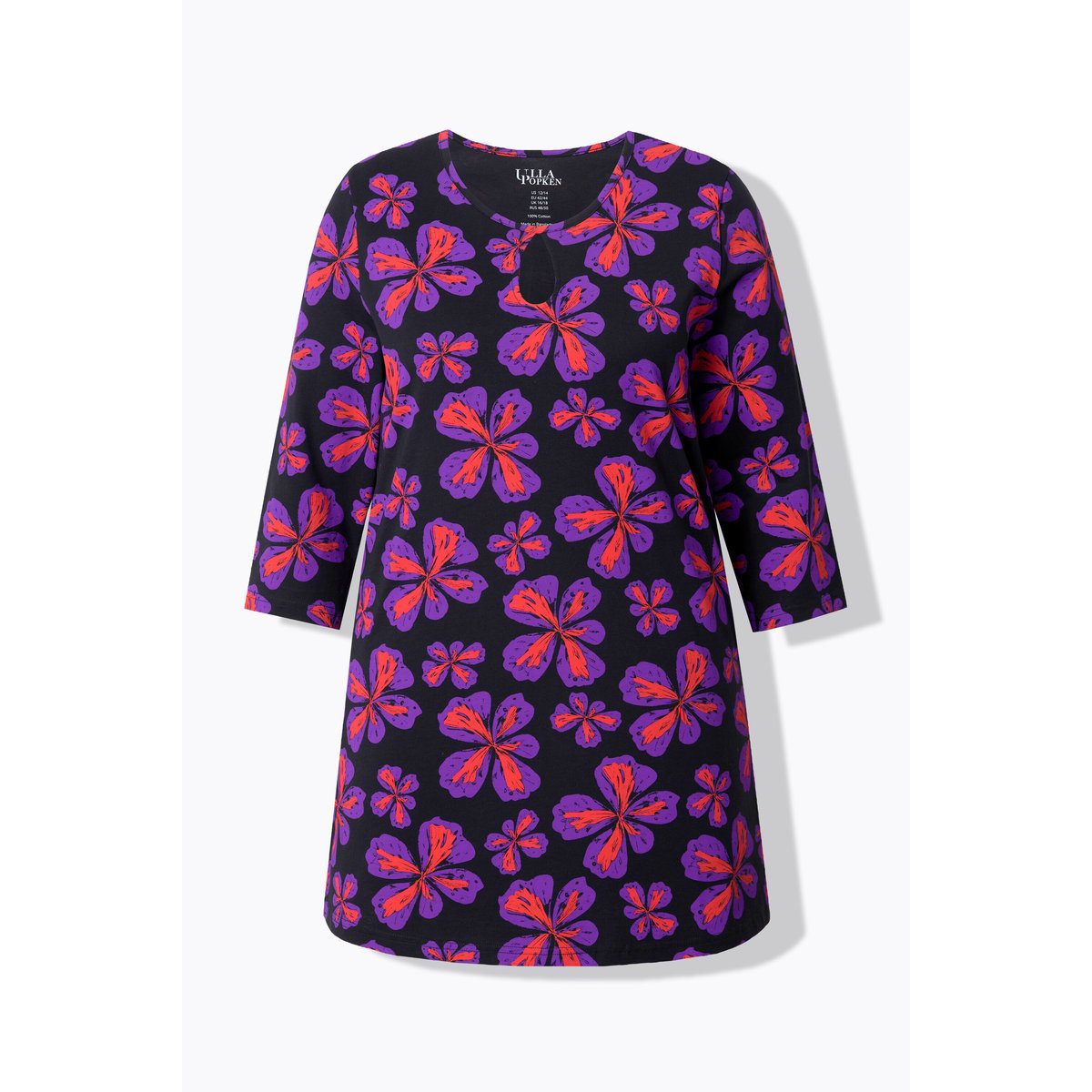 T-shirt long à fleurs. Col rond et manches noir, ULLA POPKEN