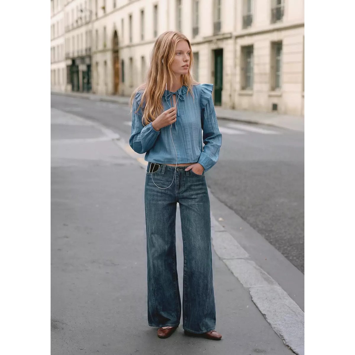 Blouse plissée volants bleu ciel, MANGO TEEN