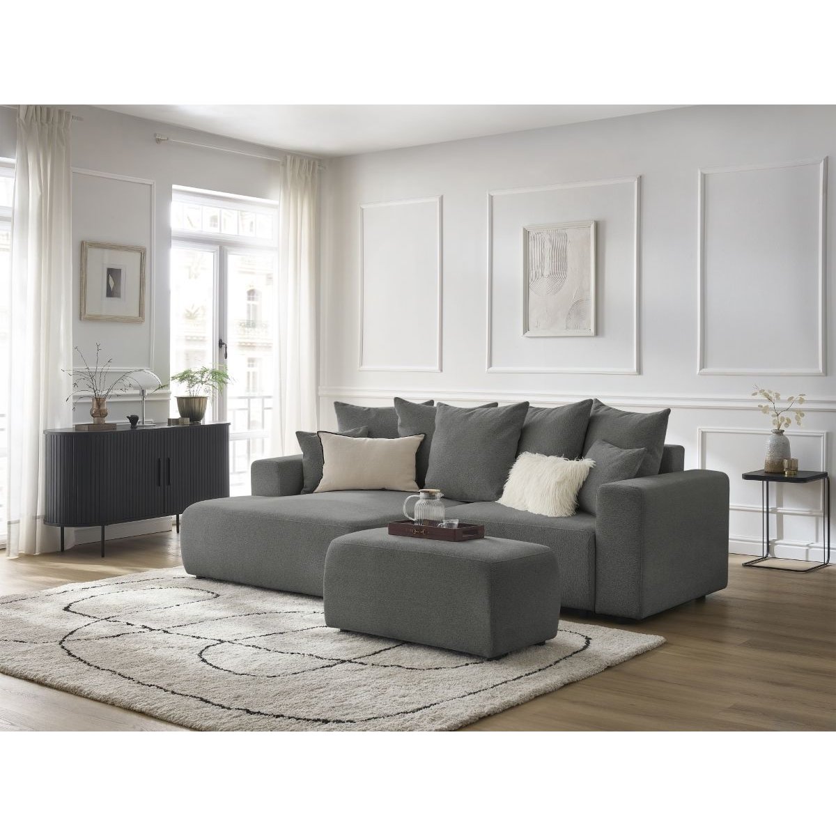 Canapé d'angle convertible 5 places en tissu chiné avec pouf, ATILLA gris foncé, BOBOCHIC