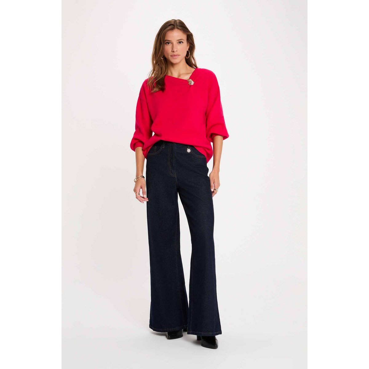 Pull col v asymétrique rose vif, MORGAN