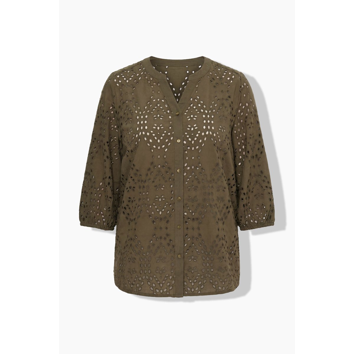 Blouse en coton, broderie, col V, manches 3/4 gris olive, ULLA POPKEN