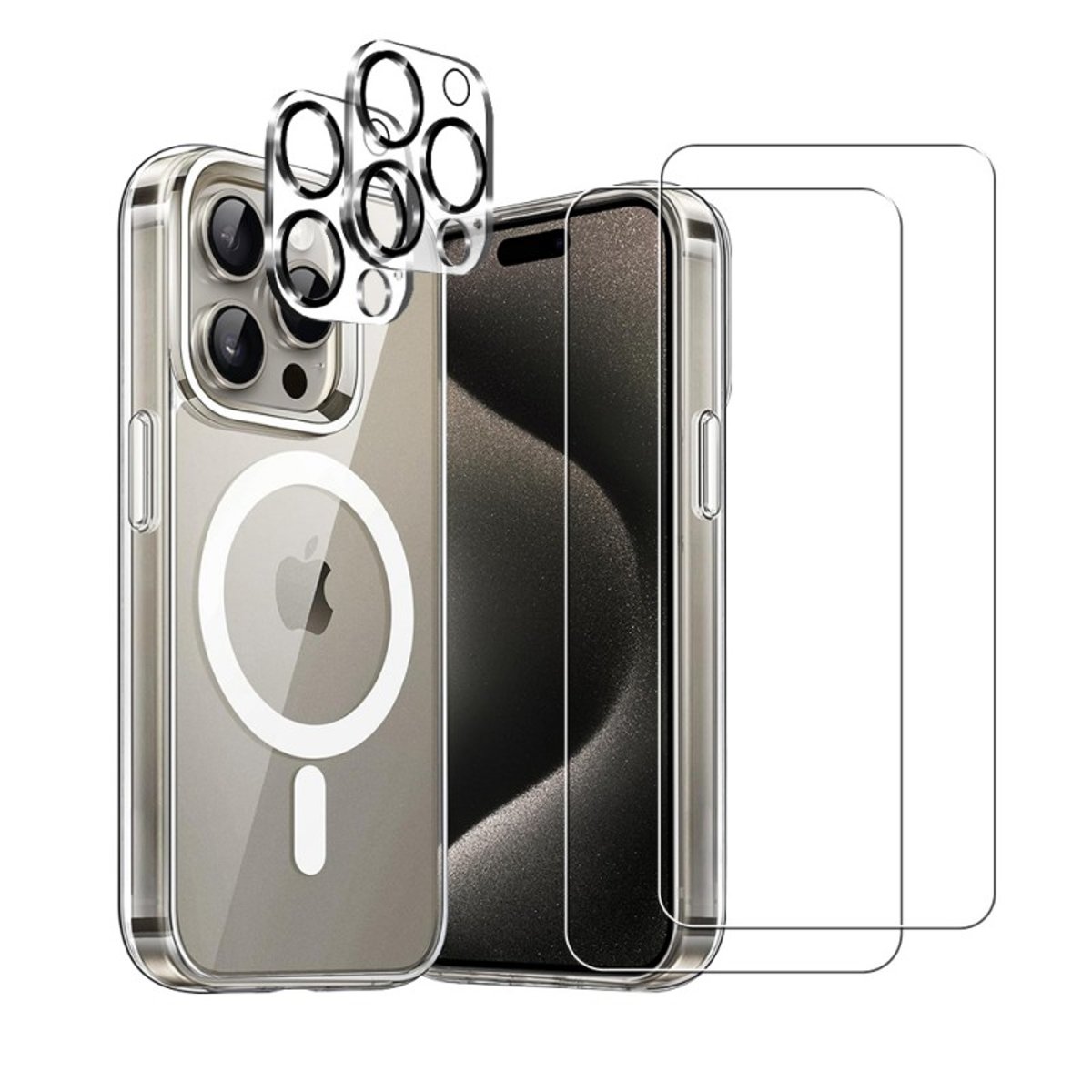 Coque Anti-choc compatible Magsafe pour iPhone 15 Pro Transparente + 2 protections écran et 2 protections objectif caméra transparent, EVETANE