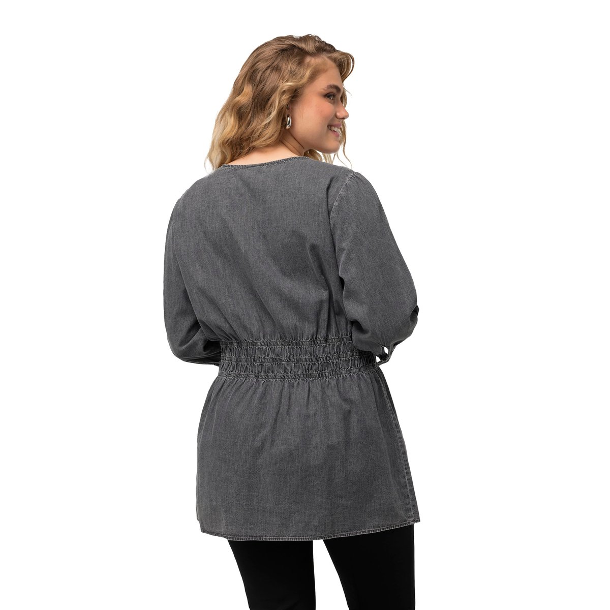Blouse en jean à col en V et manches 3/4 chiné anthracite, ULLA POPKEN