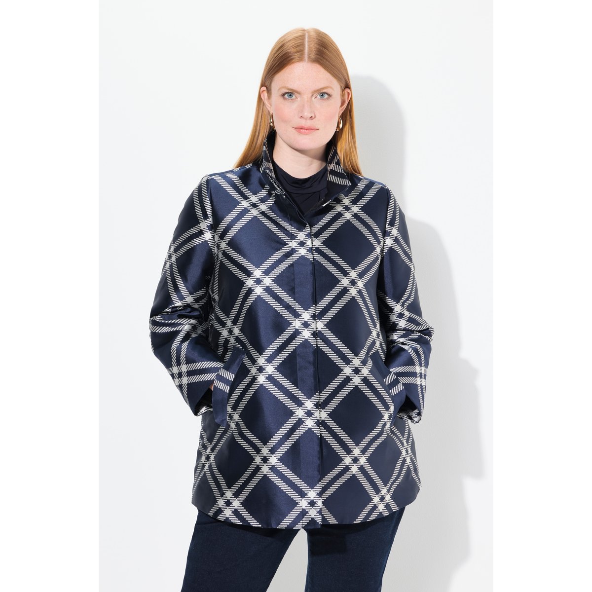 Veste à carreaux avec col montant et pli marine foncé, ULLA POPKEN