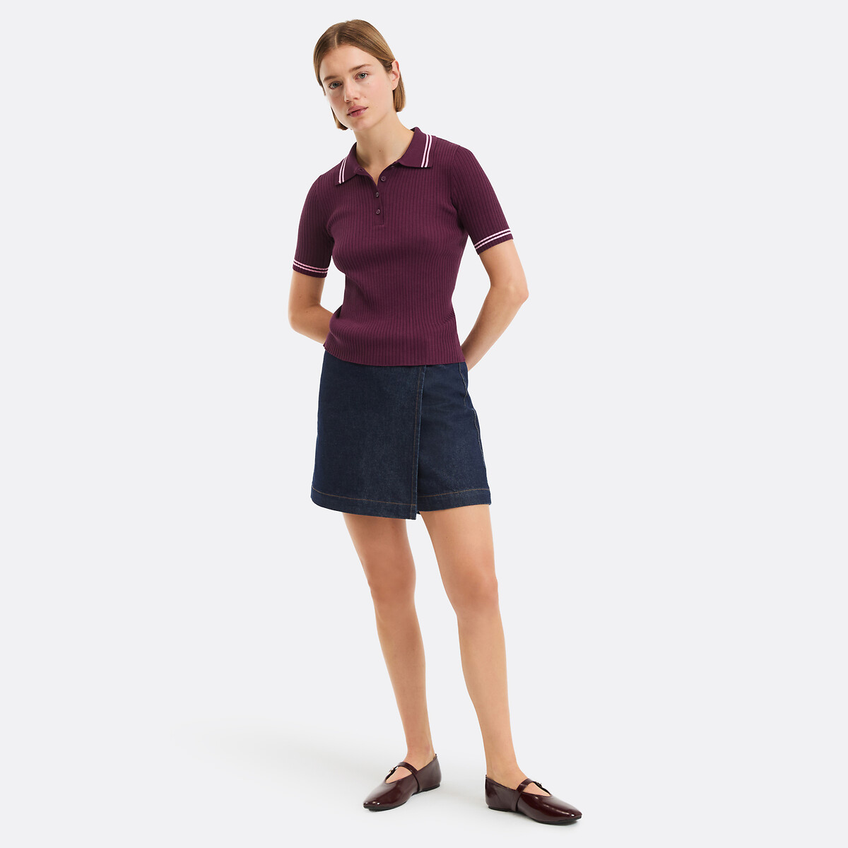 Pull col polo, manches courtes, en fine maille côtelée violet prune, LA REDOUTE COLLECTIONS