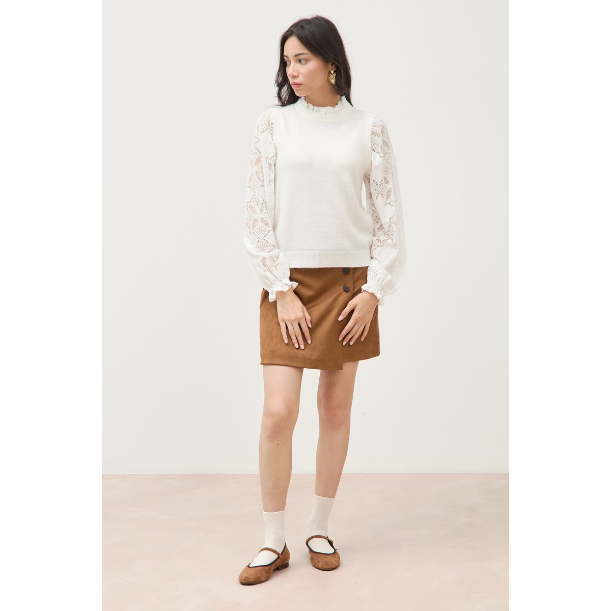 Pull droit col montant manches longues ecru, BONOBO