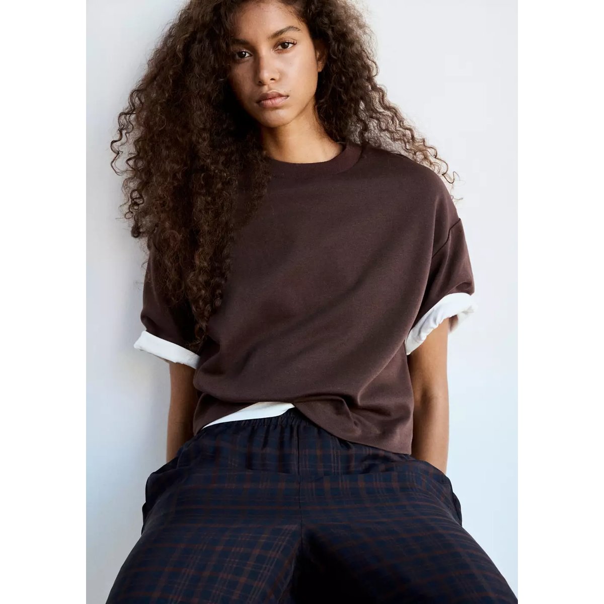 Pantalon droit à carreaux bleu, MANGO