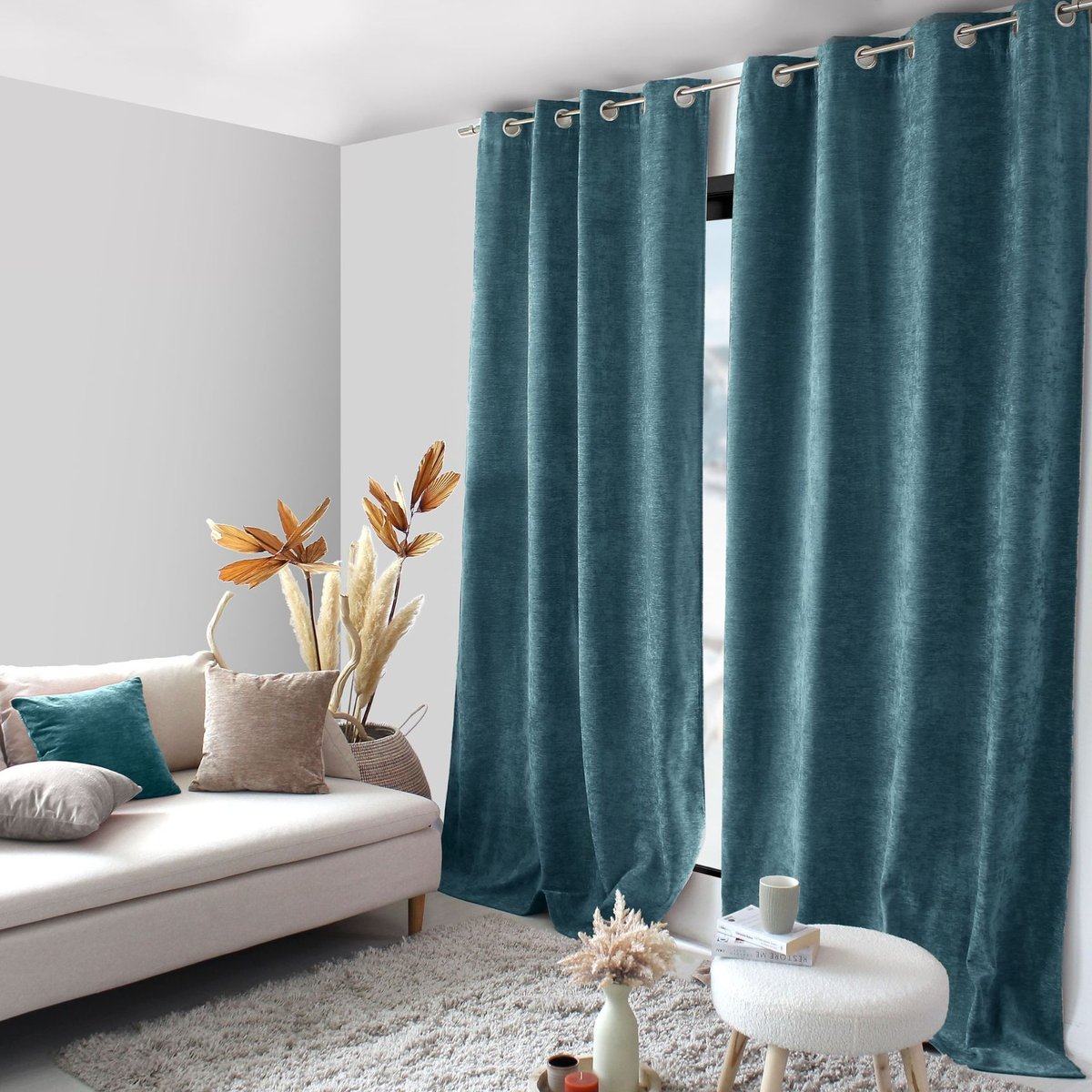 Rideau thermique en velours doublé polaire bleu canard, HOME MAISON