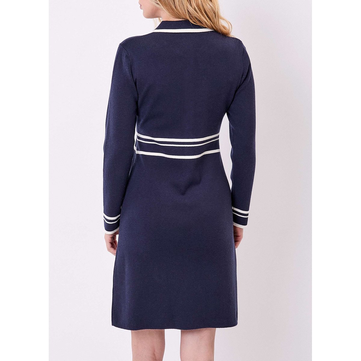 Robe maille compacte col chemisier MARGAUX bleu marine blanc, PRINCESSE NOMADE