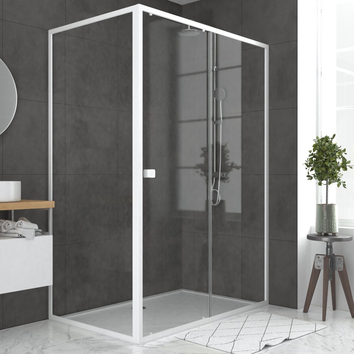 Porte de douche coulissante en verre trempé avec paroi de retour blanc, HOME MAISON