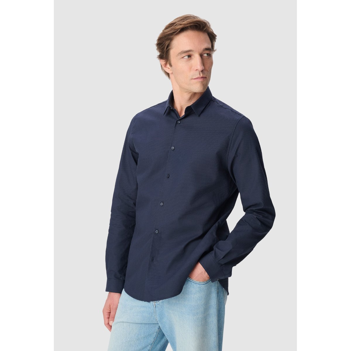 Chemise regular jacquard motif rayures bleu nuit, IKKS