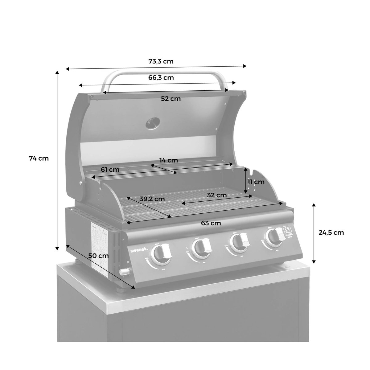 Barbecue gaz 4 brûleurs à poser avec thermomètre GRIMAUD argenté, SWEEEK