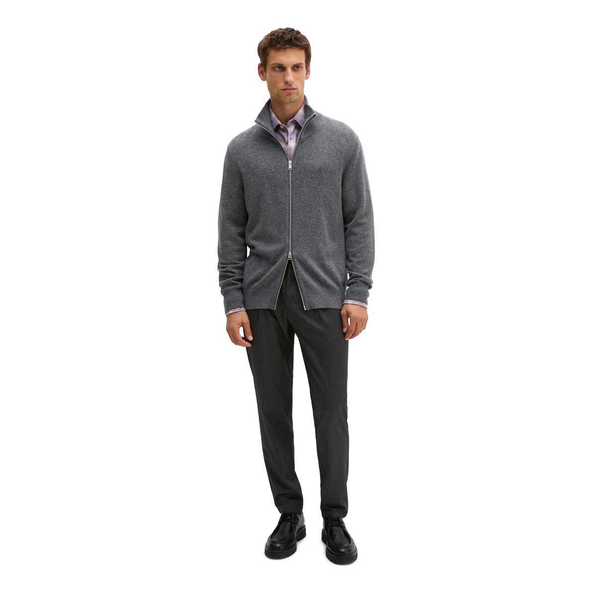Cardigan à col montant, coupe régulière en mélange de coton bio et de laine vierge gris, MARC O'POLO