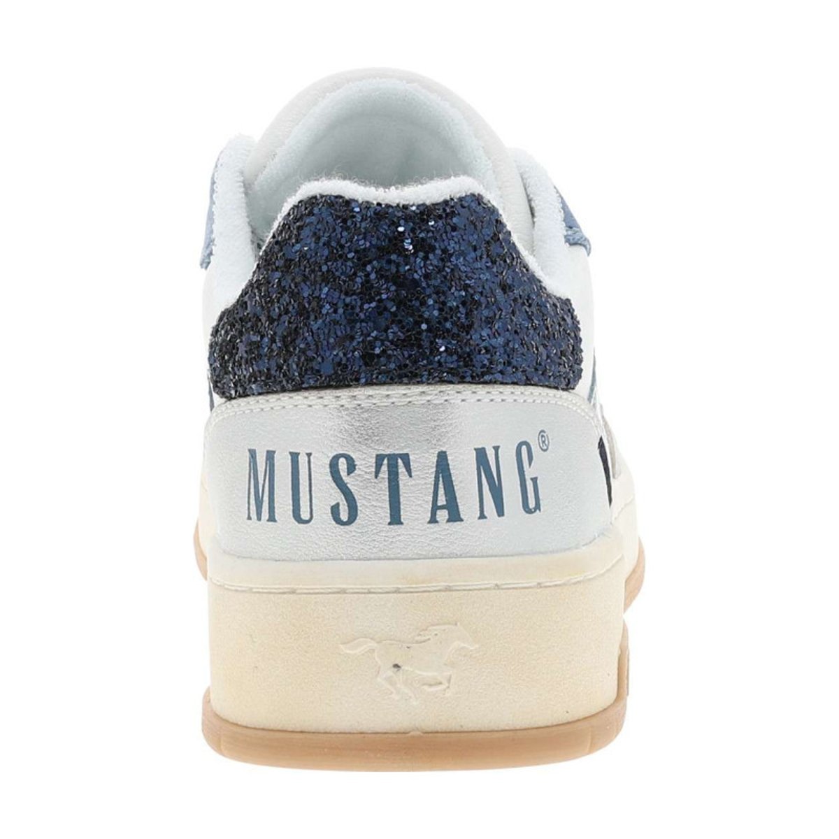 Sneakers écrues à talon plat avec des lacets et motif léopard bleu, MUSTANG