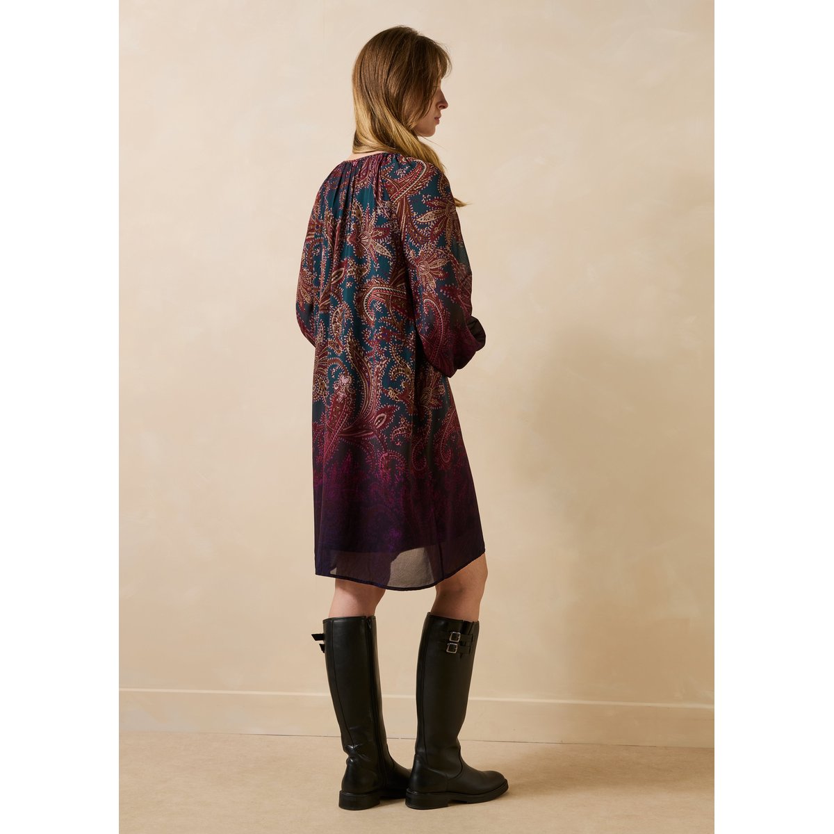 Robe courte à imprimé manches longues petrole, LA FEE MARABOUTEE